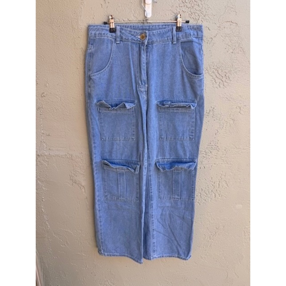 Vintage Womens Blue Cargo High Waisted Wide Leg Denim Jeans MEDIUM Streetwear